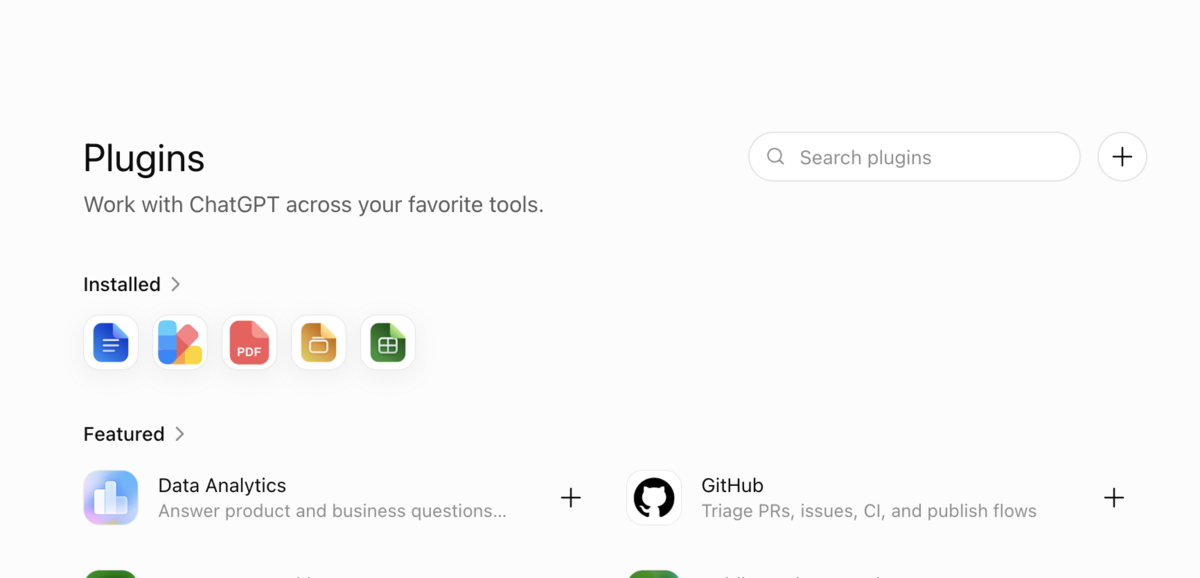 The plus button at the top-right of the ChatGPT Plugins screen