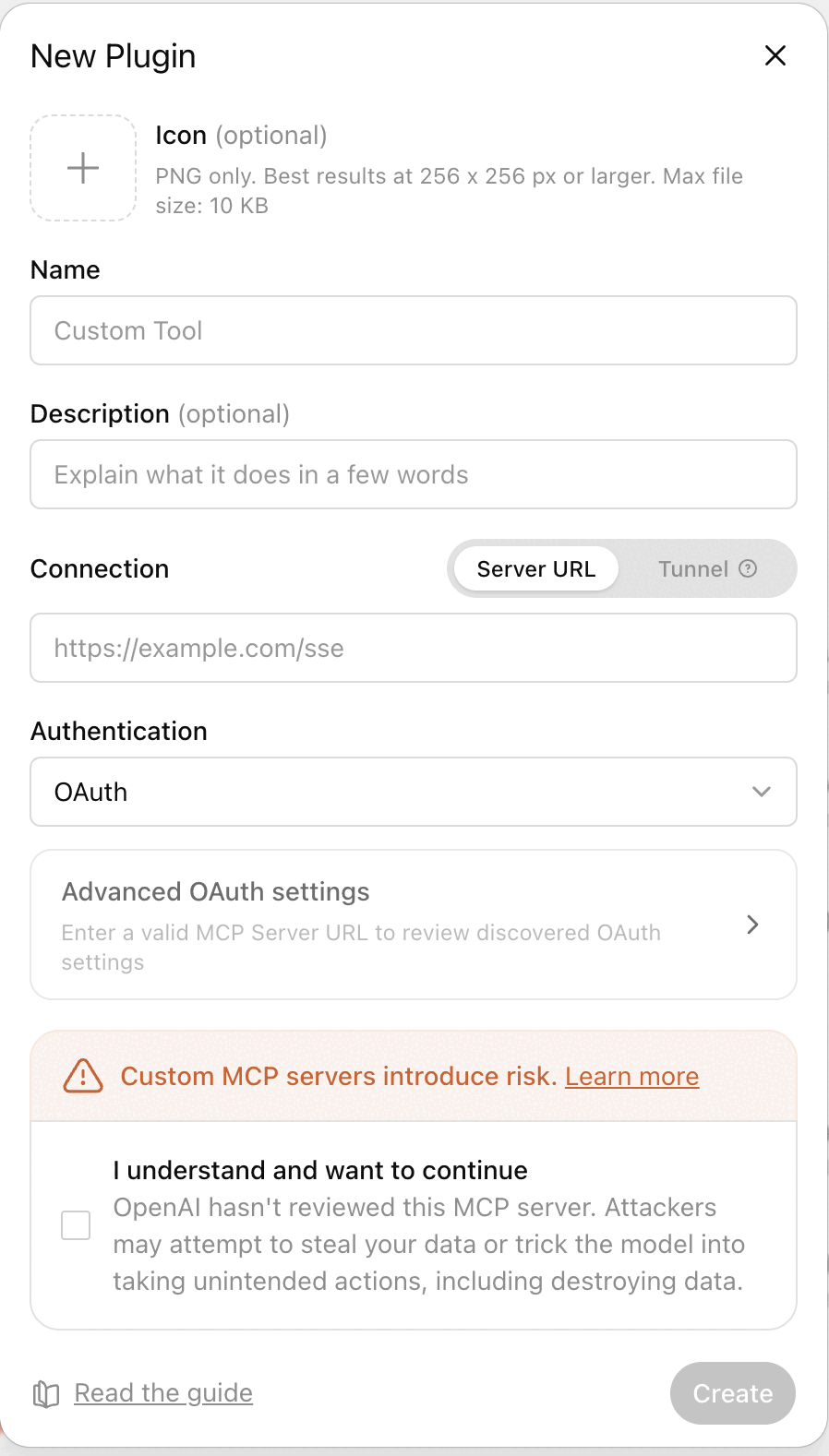 ChatGPT New Plugin modal showing Icon, Name, Description, Connection, Server URL and Authentication fields