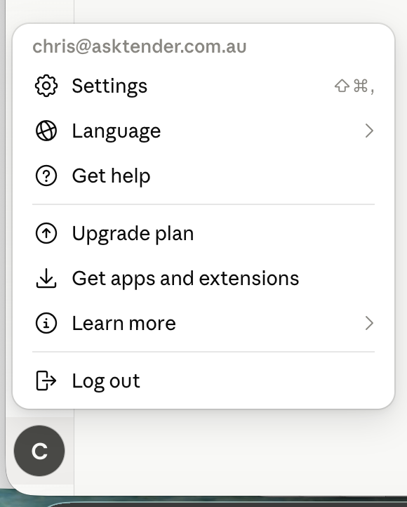 Claude profile menu with Settings highlighted