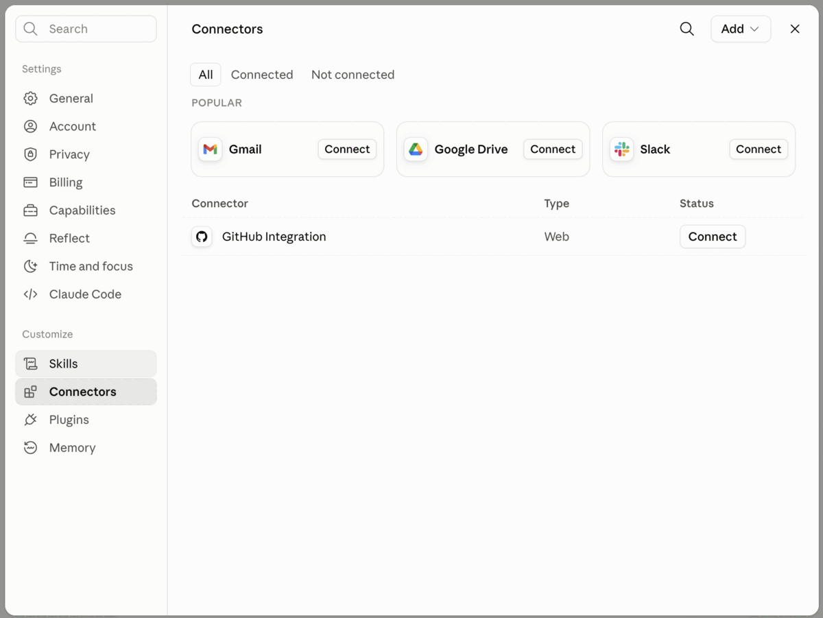 Claude Settings showing the Connectors panel and the Add button