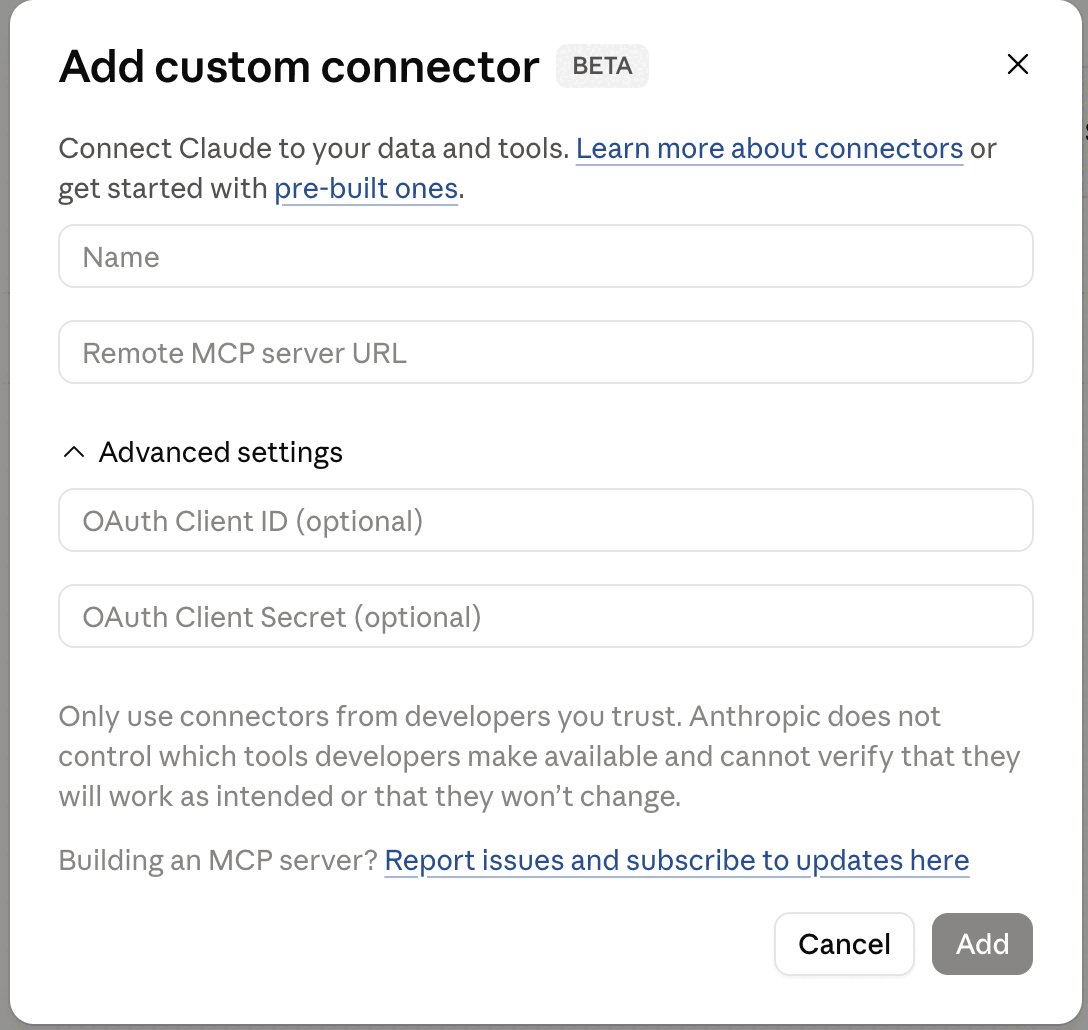 Claude Add custom connector modal showing Name and Remote MCP server URL fields